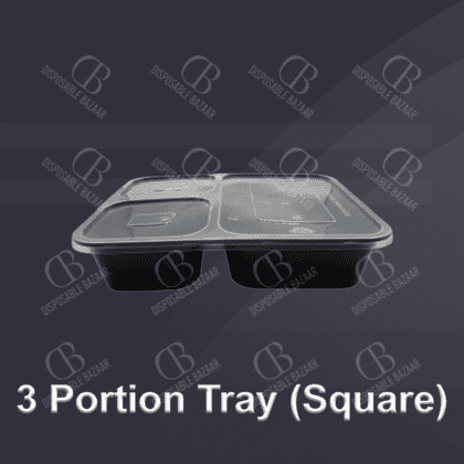 Plastic Container Black – 3 Portion Tray (Square)