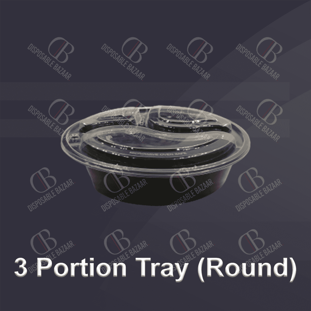 Plastic Container Black – 3 Portion Tray (Round)