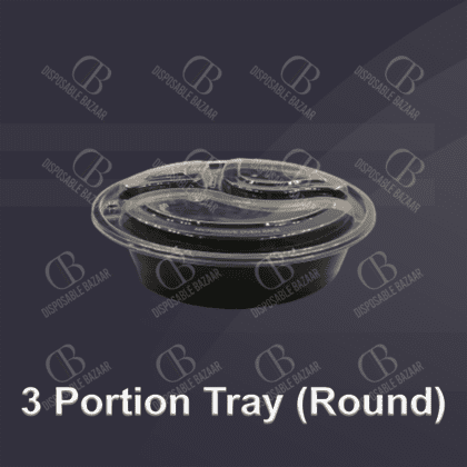 Plastic Container Black – 3 Portion Tray (Round)