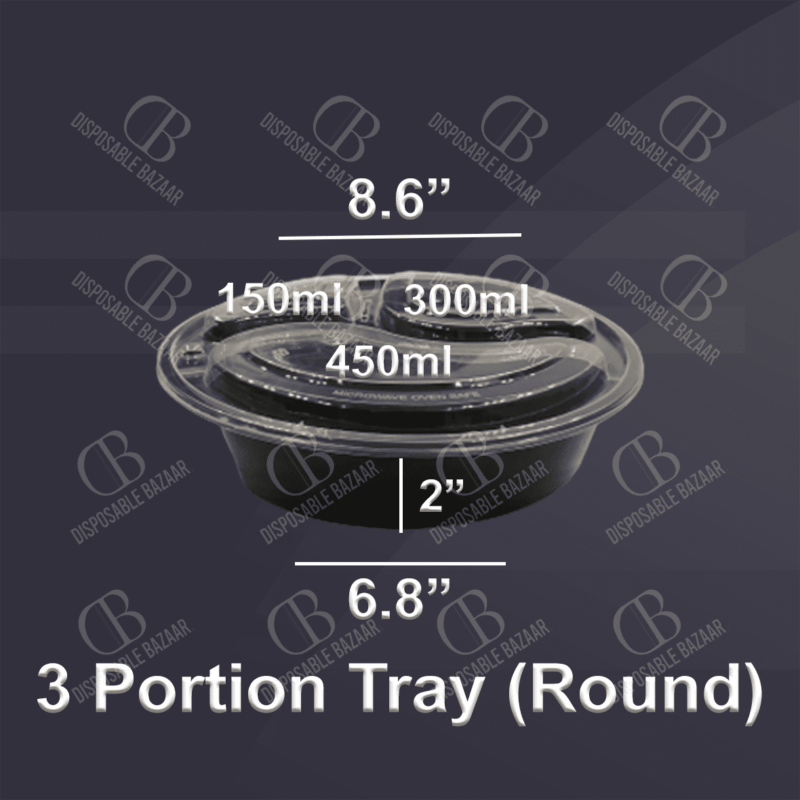 Plastic Container Black - 3 Portion Tray (Round)