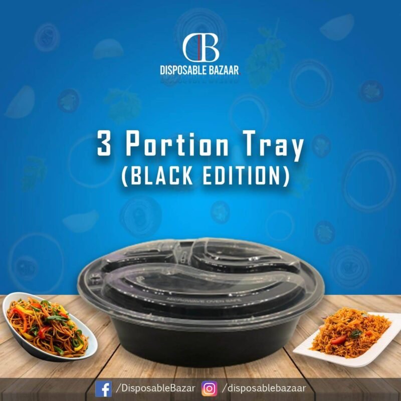 Plastic Container Black - 3 Portion Tray (Round)