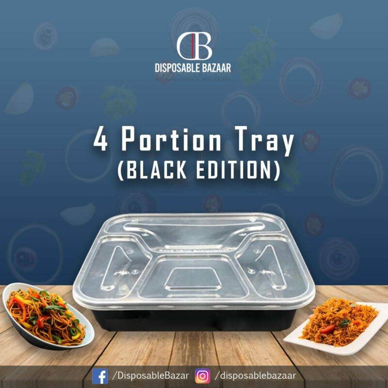 Plastic Container Black - 4 Portion Tray