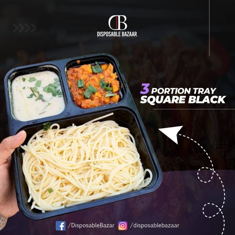 Plastic Container Black - 3 Portion Tray (Square)