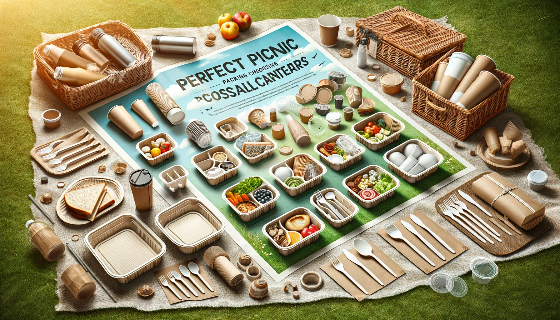 generate image on this topic The size is 1200 width and 1000 height WITH TEXTon the image Perfect Picnic Packaging: Choosing Disposable Containers
